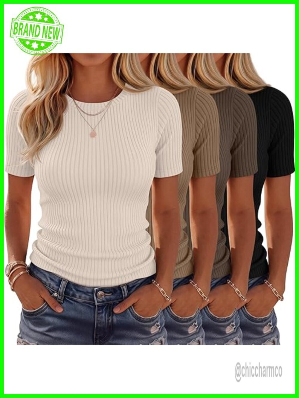 4 Pack Ribbed T-Shirts Cotton Blend Short Sleeve Crew Neck Fitted Tops